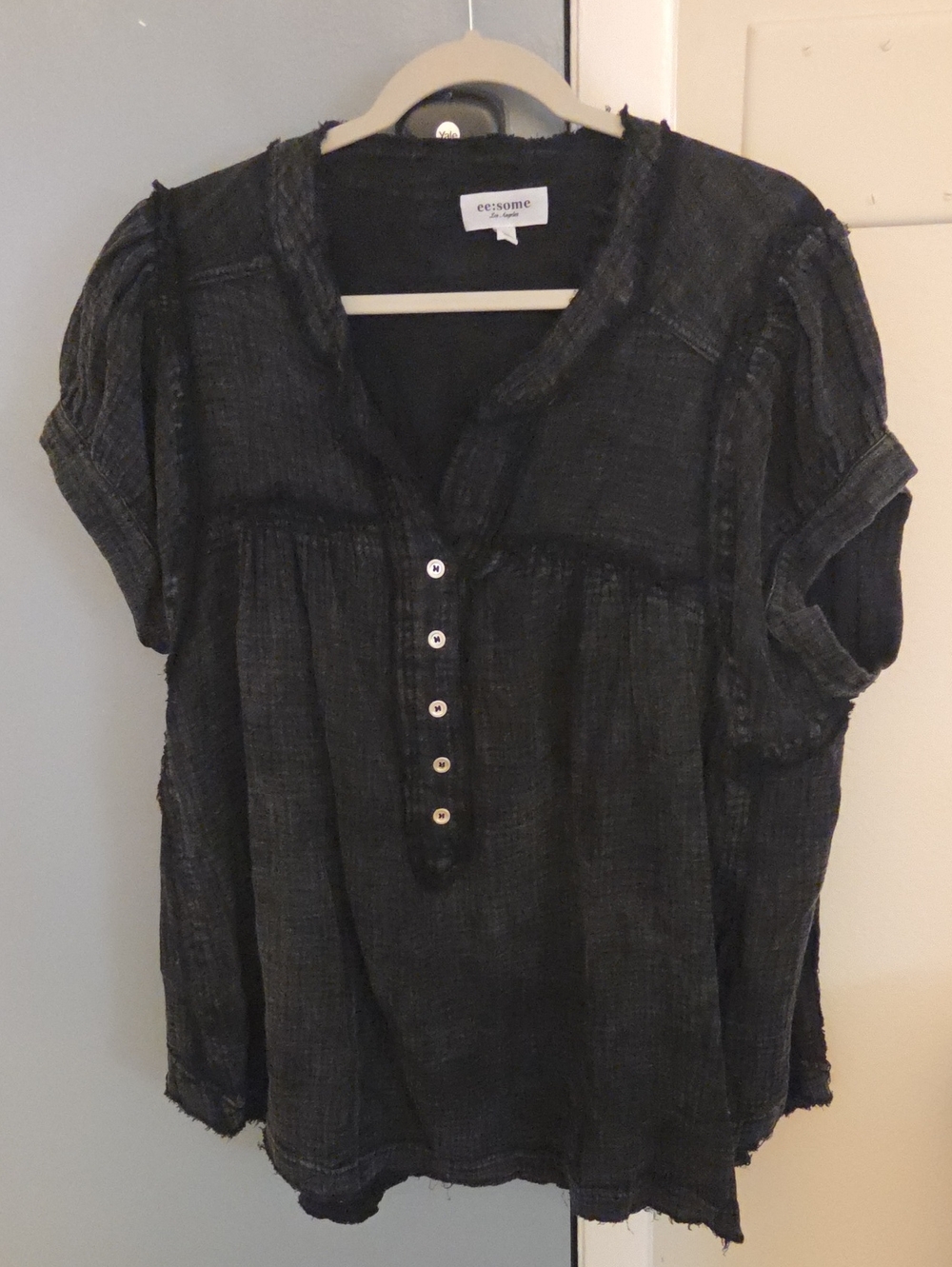 eesome Washed Black Short-Sleeve Buttoned Peasant Top